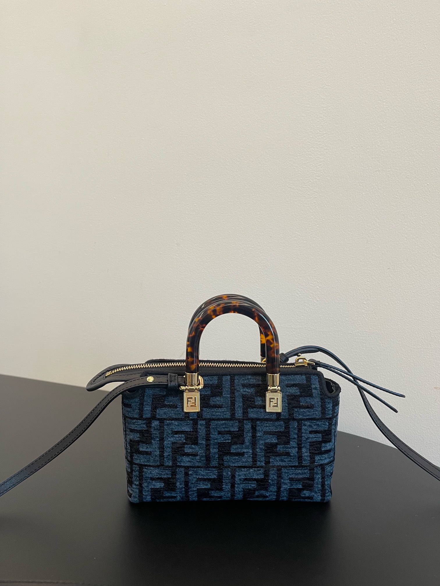 Fendi Mini By The Way FF Canvas Boston Shoulder Bag Dark Blue